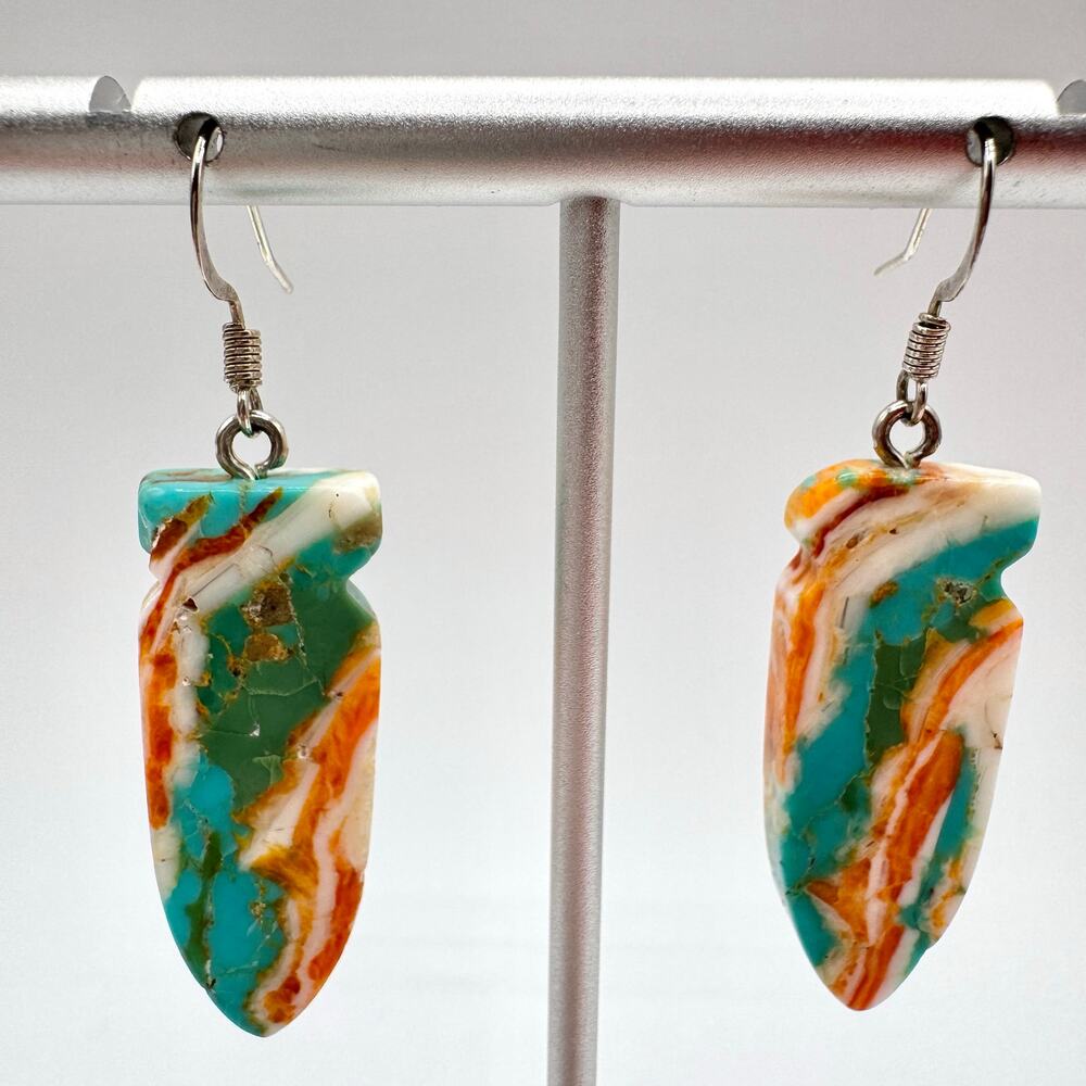 Turquoise Spiny Oyster Shell Carved Arrowhead Composite Slab Earrings Southwest - Picture 3 of 12